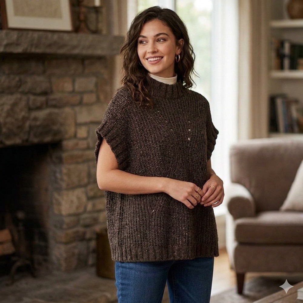 Aerie Brown Chunky Knit M Sweater Vest Sleeveless Mock Neck Boho Dark Academia